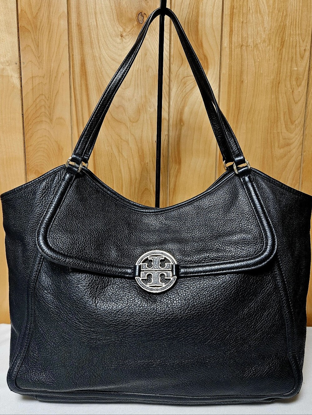 Tory Burch Amanda Collection Large Bag Purse Black Pebble Leather Office Tote